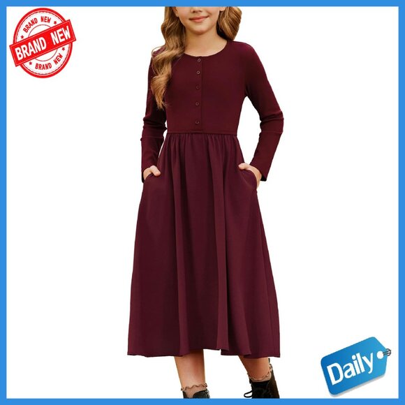 Girls Long Sleeve Maxi Dress with Pockets Formal Casual Polyester Blend